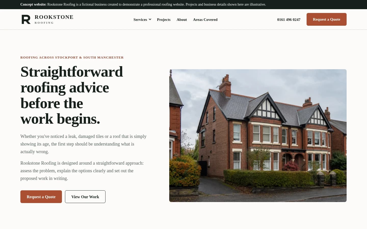 Desktop homepage of the fictional Rookstone Roofing website concept