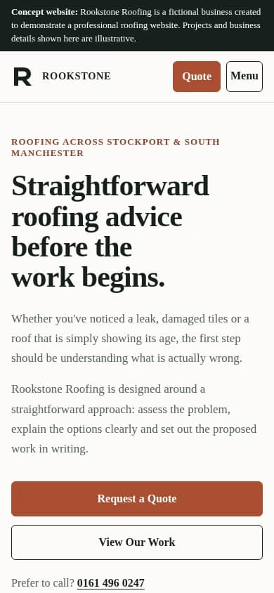Mobile homepage of the fictional Rookstone Roofing website concept