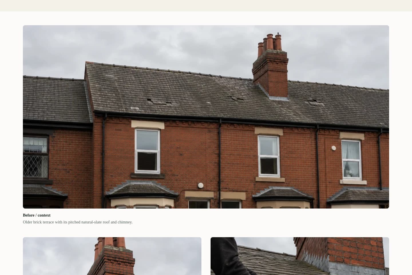 Fictional Stockport slate roof repair project page showing contextual project storytelling