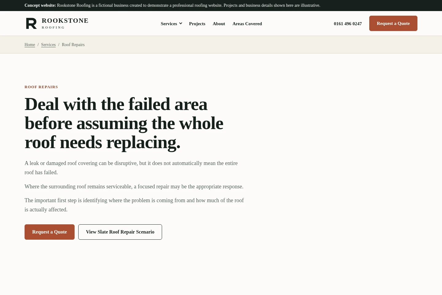 Roof repairs page from the fictional Rookstone concept, structured around homeowner symptoms and repair questions